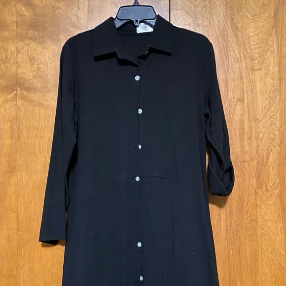 Long Sleeve Collard Button Down Shirt Dress Black With Side Slits Size Small - Picture 2 of 8
